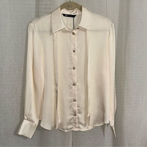 ZARA L Ivory Preppy Outer Shell Long Sleeve Front Tie Beaded Button Blouse - Picture 2 of 15